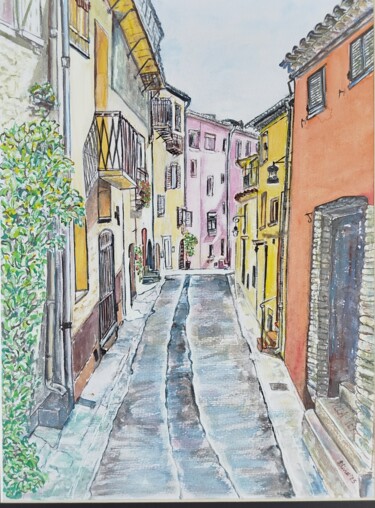Pintura intitulada "Улочка в Кань-сюр-м…" por Marina Paro, Obras de arte originais, Aquarela Montado em Cartão