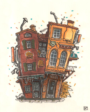 图画 标题为“Autumn houses with…” 由Zaur Romanov, 原创艺术品, 标记