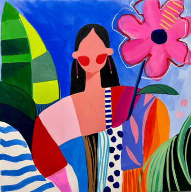 Woman with Flowers and palms Pittura intitolato "Woman with Flowers…" da Sasha Robinson, Opera d'arte originale, Acrilico