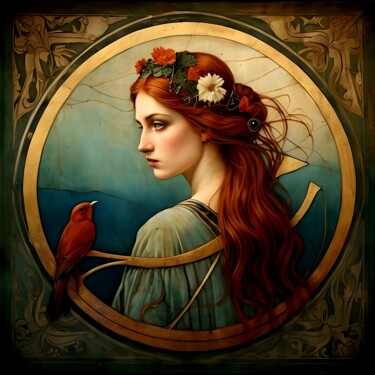 Arte digitale intitolato ""Donna con cardelli…" da Angelo Mazzoleni, Opera d'arte originale, Immagine generata dall'IA