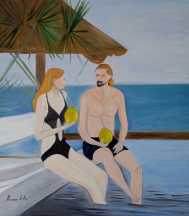 Painting titled "Vacaciones en Bali" by Roser Solà, Original Artwork, Oil Mounted on Wood Stretcher frame