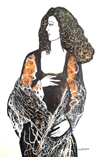 Drawing titled "portrait with shawl" by Janna Shulrufer, Original Artwork, Ink