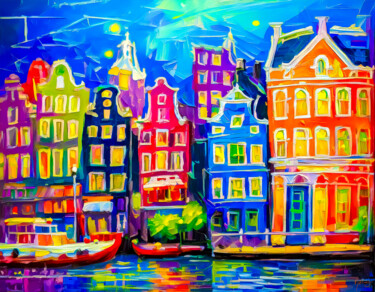 Moonlit Façades | Impression Amsterdam No. 345 Digitale Kunst getiteld "Moonlit Façades | I…" door Mathias (1975), Origineel Kunstwerk, Digitaal Schilderwerk