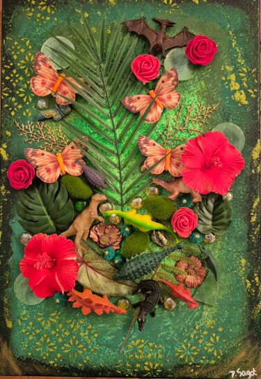 Collages intitulée "Jurassic" par Delphine Sagot, Œuvre d'art originale, Collages Monté sur Châssis en bois