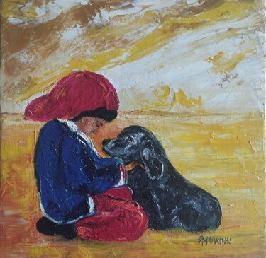 绘画 标题为“ENFANT ET SON CHIEN…” 由Raphael Marras, 原创艺术品, 油 安装在木质担架架上