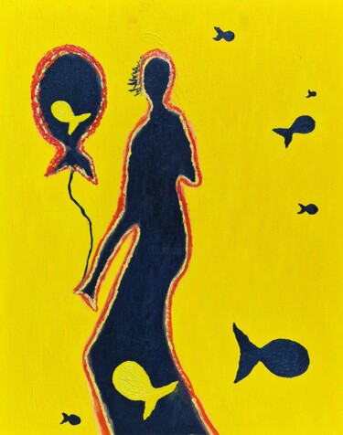 Black silhouette on a yellow background Ζωγραφική με τίτλο "Black silhouette on…" από Natalya Belalova, Αυθεντικά έργα τέχνης, Λάδι Τοποθετήθηκε στο Ξύλινο φορείο σ…