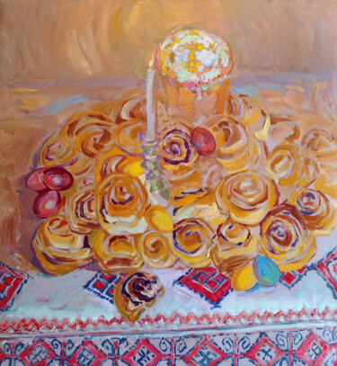 Ζωγραφική με τίτλο "Easter Still Life" από Leonid Pavlenko, Αυθεντικά έργα τέχνης, Λάδι Τοποθετήθηκε στο Ξύλινο φορείο σκελε…