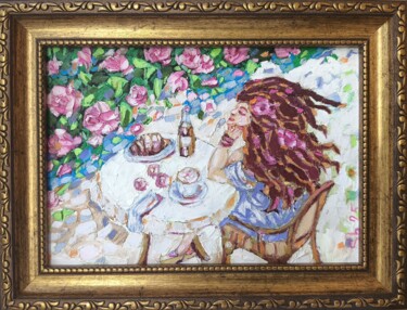 Woman in a Cafe Framed Women in Restaurant Art Girl in Cafe 绘画 标题为“Woman in a Cafe Fra…” 由Svetlana Sindere, 原创艺术品, 油 安装在纸板上