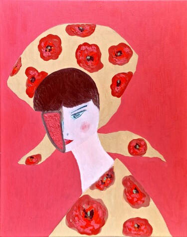 Portrait of a girl with poppies on a pink background 绘画 标题为“Portrait of a girl…” 由Natalya Belalova, 原创艺术品, 油 安装在木质担架架上