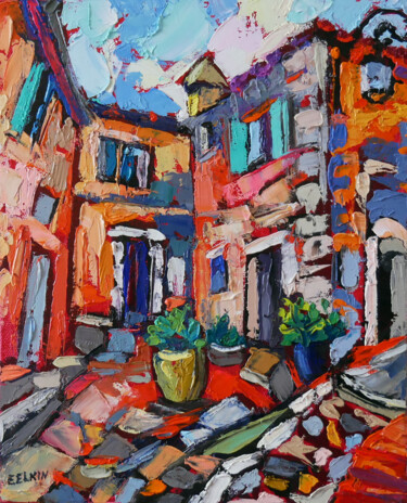 绘画 标题为“Eze Village Tapestry” 由Elizabeth Elkin, 原创艺术品, 油 安装在木质担架架上