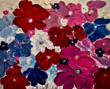 Textured Acrylic Floral Painting in Red, Blue and Fuchsia 绘画 标题为“Textured Acrylic Fl…” 由Violeta Allaberdieva, 原创艺术品, 丙烯