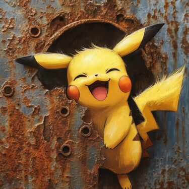 Smiling Pikachu and the Rusty Wall: The Rise of Joy 제목이 "Smiling Pikachu and…"인 미술작품 Umur Hozatli로, 원작, AI 생성 이미지 알루미늄에 장착됨