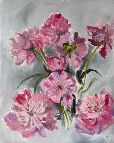 Painting titled "Peonies" by Elena Tereshchenko, Original Artwork, Oil Mounted on Wood Stretcher frame