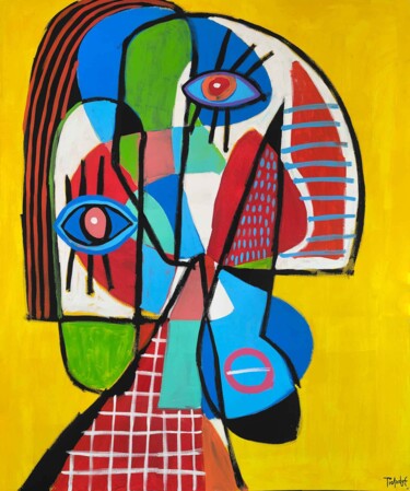 Retrato en fondo amarillo Schilderij getiteld "Retrato en fondo am…" door Enrique Pichardo, Origineel Kunstwerk, Acryl