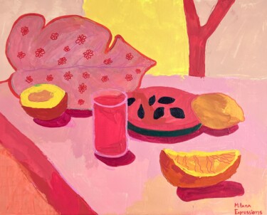 Summer Still Life in Pink and Peach – Sunshine and Fruits 绘画 标题为“Summer Still Life i…” 由Milana Expressions, 原创艺术品, 丙烯 安装在木质担架架上