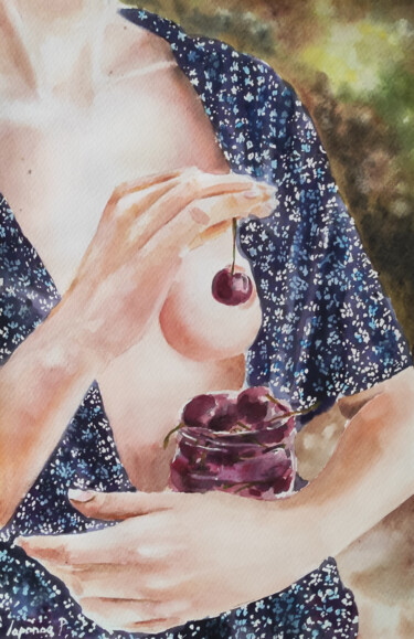 Cherry Lover – Original Nude Watercolor Painting 「Cherry Lover – Orig…」というタイトルの絵画 Pasha Laponogによって, オリジナルのアートワーク, 水彩画
