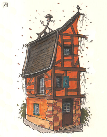 Dilapidated medieval house Drawing titled "Dilapidated medieva…" by Zaur Romanov, Original Artwork, Marker