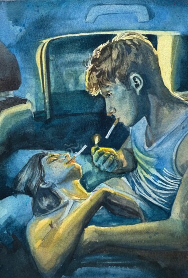 Young Couple Smoking in Car at Blue Night "Young Couple Smokin…" başlıklı Tablo Dina Udaltsova tarafından, Orijinal sanat, Suluboya