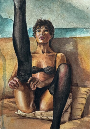 「Sensual Woman in Bl…」というタイトルの描画 Dina Udaltsovaによって, オリジナルのアートワーク, 水彩画