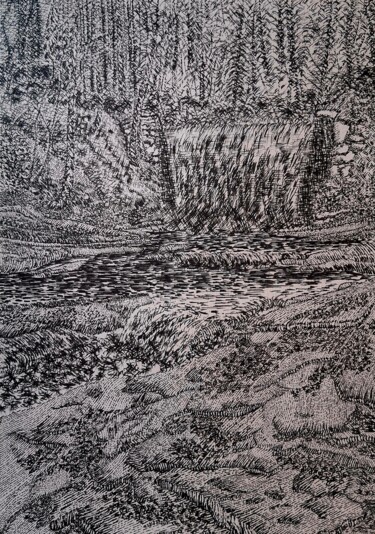 Disegno intitolato "Nant mill waterfall…" da Mayamba Mwanza, Opera d'arte originale, Inchiostro