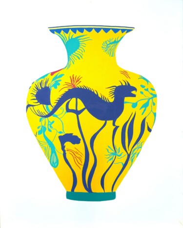Yellow vase with a blue dragon – contemporary abstract art Peinture intitulée "Yellow vase with a…" par Tatiana Belchenko, Œuvre d'art originale, Acrylique Monté sur Châssis en bois