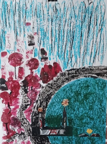 Pintura intitulada "Usine, Pont, Arbres" por Serge Maronese, Obras de arte originais, Colagens