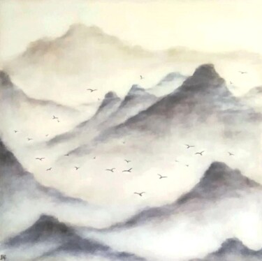 제목이 "Montagnes dans la b…"인 미술작품 Laetitia Piazzoli로, 원작, 아크릴 나무 들것 프레임에 장착됨