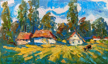 Schilderij getiteld "Near the Village" door Oksana Ivanyuk, Origineel Kunstwerk, Olie Gemonteerd op Frame voor houten branca…