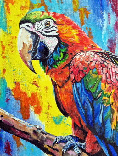 Colorful Abstract Macaw Parrot Painting – Tropical Bird Schilderij getiteld "Colorful Abstract M…" door Olga Dar, Origineel Kunstwerk, Olie