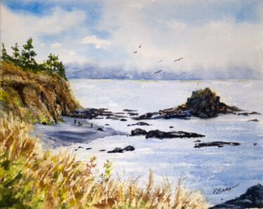 Oregon Coastline in Watercolor 绘画 标题为“Oregon Coastline in…” 由Paula Bridges, 原创艺术品, 水彩 安装在其他刚性面板上