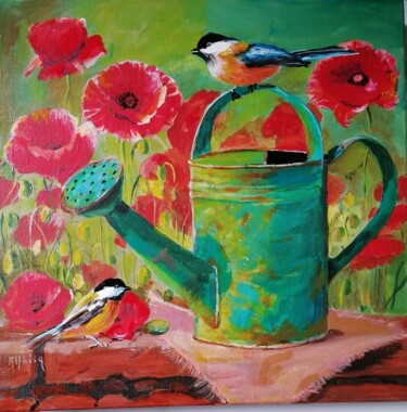 Pittura intitolato "L'arrosoir et les c…" da Martine Vinsot, Opera d'arte originale, Acrilico Montato su Telaio per barella…