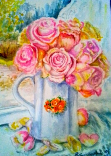 Delicate Roses in a Vase 绘画 标题为“Delicate Roses in a…” 由Watercolor Whisper, 原创艺术品, 水彩