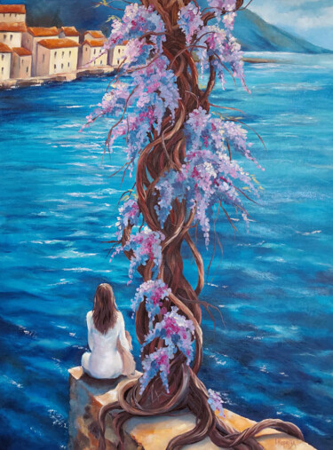 "Girl and Dog under…" başlıklı Tablo Irina Kuprijanova tarafından, Orijinal sanat, Petrol Ahşap Sedye çerçevesi üzerine mont…