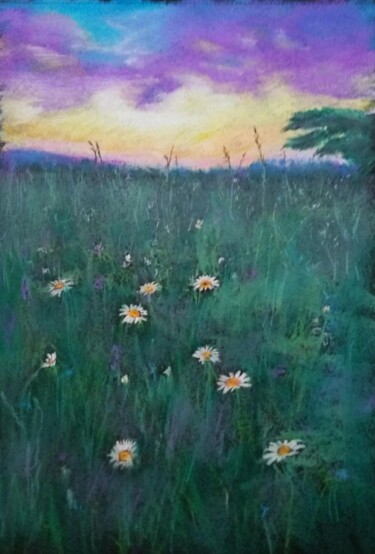 Violet Sunset with Daisies 绘画 标题为“Violet Sunset with…” 由Sveta Uvarova, 原创艺术品, 粉彩