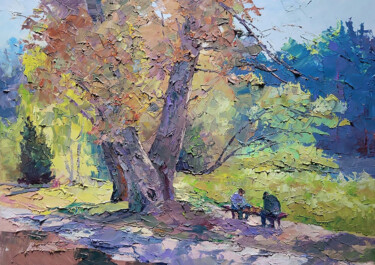 Schilderij getiteld "In the Autumn Park" door Boris Serdyuk, Origineel Kunstwerk, Olie Gemonteerd op Frame voor houten branc…