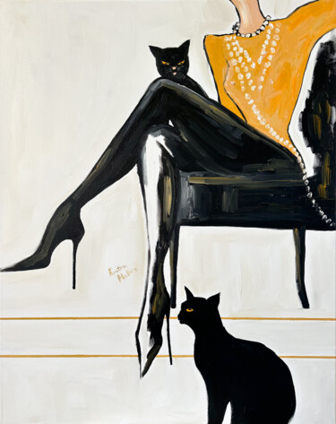 「Jealous Cats II」というタイトルの絵画 Kristina Mallenによって, オリジナルのアートワーク, オイル ウッドストレッチャーフレームにマウント