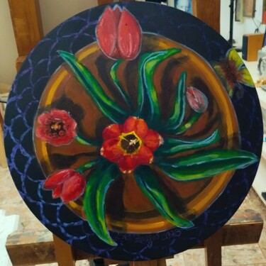 Painting titled "Borboleta vista de…" by Vera Borges, Original Artwork, Acrylic Mounted on Wood Stretcher frame