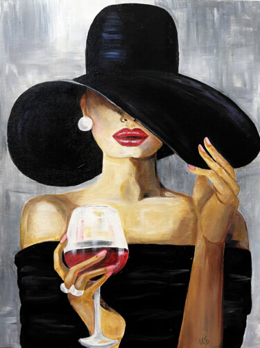 Stranger with a glass of wine in a black hat 30*40 绘画 标题为“Stranger with a gla…” 由Irina Bazhanova, 原创艺术品, 丙烯