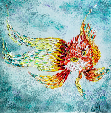 Painting "Goldfish" Painting titled "Painting "Goldfish"" by Svetlana, Original Artwork, Oil Mounted on Wood Stretcher frame