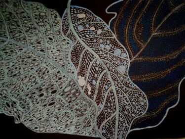 Dessin intitulée "Foliage Bleu Vert" par Sophie Ong, Œuvre d'art originale, Stylo à bille