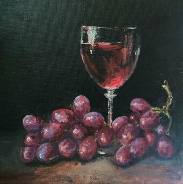 「Grapes and Wine 3」というタイトルの絵画 Nataliya Fenkoによって, オリジナルのアートワーク, アクリル 段ボールにマウント
