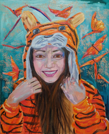 A Girl in a Tiger Costume or a Tiger in a Girl Costume. 绘画 标题为“A Girl in a Tiger C…” 由Zina Vysota, 原创艺术品, 油 安装在木质担架架上