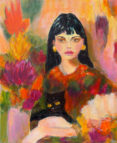 Women, Black cat and Flowers ("Bloomself 2) 绘画 标题为“Women, Black cat an…” 由Rimma Mantika, 原创艺术品, 丙烯 安装在木质担架架上