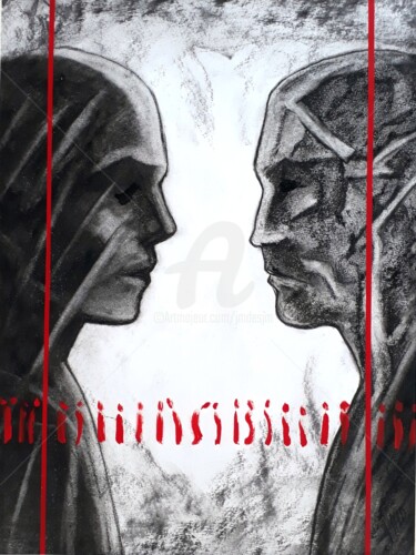 "Le face à face" başlıklı Resim Jean-Michel Desterke tarafından, Orijinal sanat, Karakalem Karton üzerine monte edilmiş