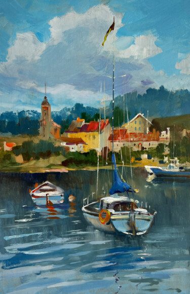 Malarstwo zatytułowany „Boats off the City…” autorstwa Yuriy Suprunchuk, Oryginalna praca, Olej Zamontowany na Karton