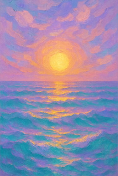 Whisper of the Sun – Dreamy Seascape in Soft Lilac and Aqua 数字艺术 标题为“Whisper of the Sun…” 由Liv Solara, 原创艺术品, 数字油画