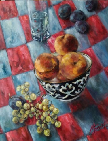 Schilderij getiteld "Peaches and grape." door Maria Bel, Origineel Kunstwerk, Olie