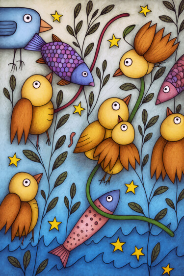 Arte digitale intitolato "Oiseaux poissons se…" da Pacôme Coquet, Opera d'arte originale, Immagine generata dall'IA Montato…