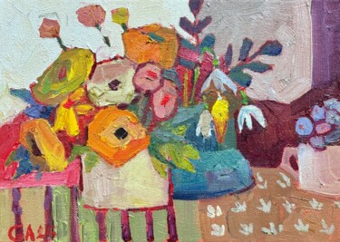 Still life with two vases and one mug 绘画 标题为“Still life with two…” 由Ann Golub, 原创艺术品, 油 安装在木质担架架上