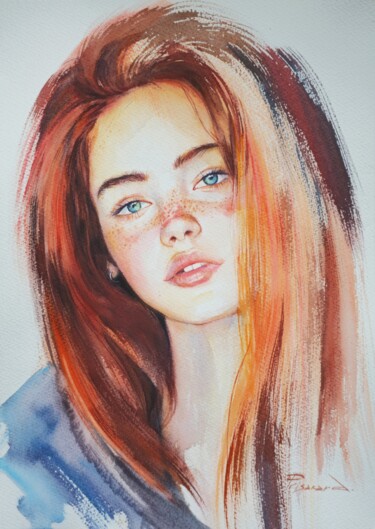 Pittura intitolato "Redhead Girl." da Alla Prisakar, Opera d'arte originale, Acquarello